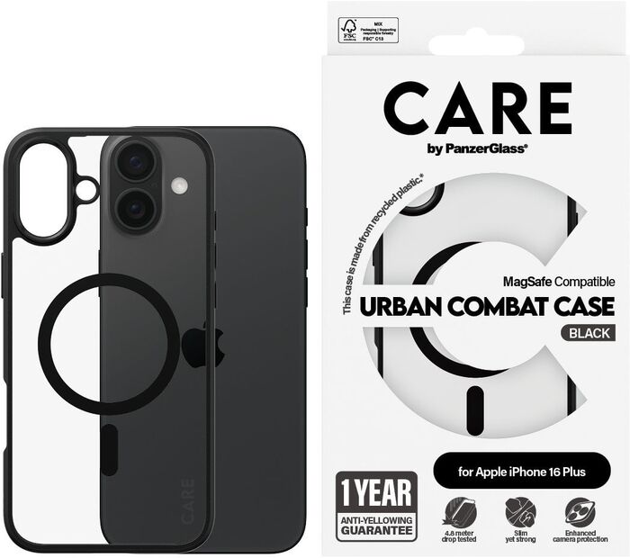 PanzerGlass Care iPhone 16 Plus Urban Combat símahulstur - Glært / svartur rammi