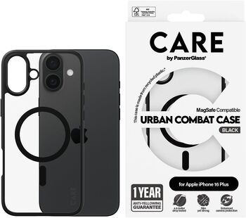 PanzerGlass Care iPhone 16 Plus Urban Combat símahulstur - Glært / svartur rammi