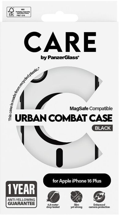 PanzerGlass Care iPhone 16 Plus Urban Combat símahulstur - Glært / svartur rammi