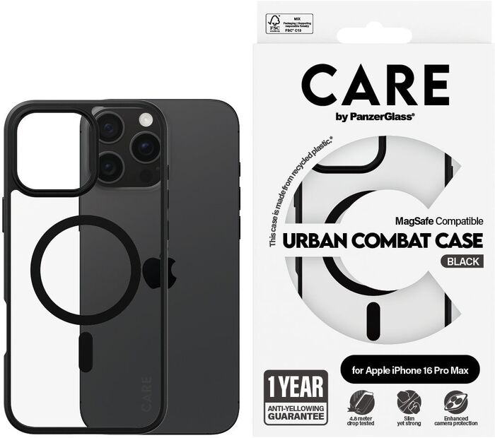 PanzerGlass Care iPhone 16 Pro Max Urban Combat símahulstur - Glært / svartur rammi