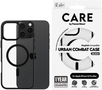 PanzerGlass Care iPhone 16 Pro Max Urban Combat símahulstur - Glært / svartur rammi
