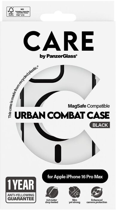 PanzerGlass Care iPhone 16 Pro Max Urban Combat símahulstur - Glært / svartur rammi