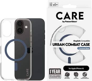 PanzerGlass Care Urban Combat iPhone 16 símahulstur - Glært / blátt