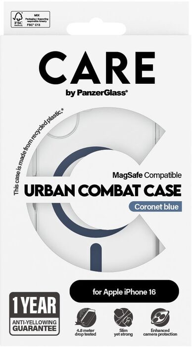 PanzerGlass Care Urban Combat iPhone 16 símahulstur - Glært / blátt