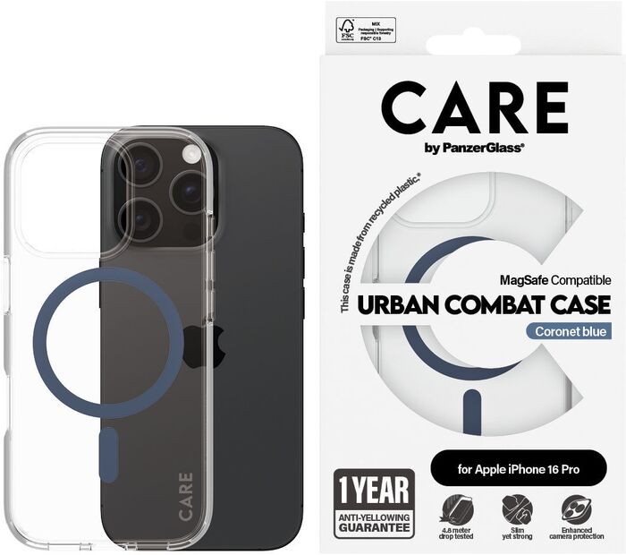PanzerGlass Care iPhone 16 Pro Urban Combat símahulstur - Glært / blátt
