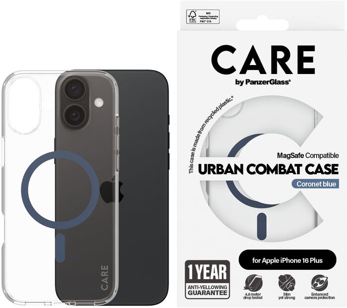 PanzerGlass Care iPhone 16 Plus Urban Combat símahulstur - Glært / blátt