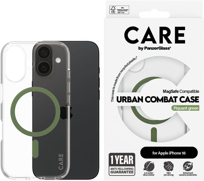 PanzerGlass Care Urban Combat iPhone 16 símahulstur - Glært / grænt