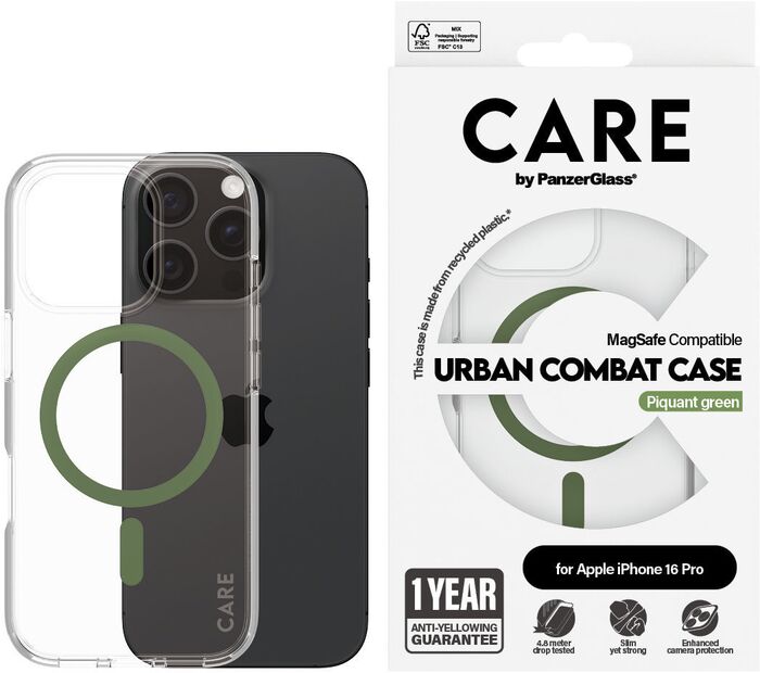 PanzerGlass Care iPhone 16 Pro Urban Combat símahulstur - Glært / grænt