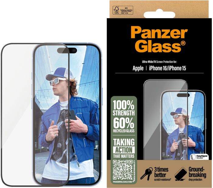PanzerGlass iPhone 15/16 öryggisgler með EasyAligner