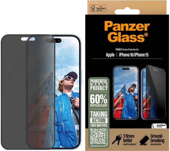 PanzerGlass iPhone 16/15 öryggisgler með skjásíu og EasyAligner