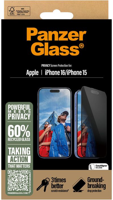PanzerGlass iPhone 16/15 öryggisgler með skjásíu og EasyAligner