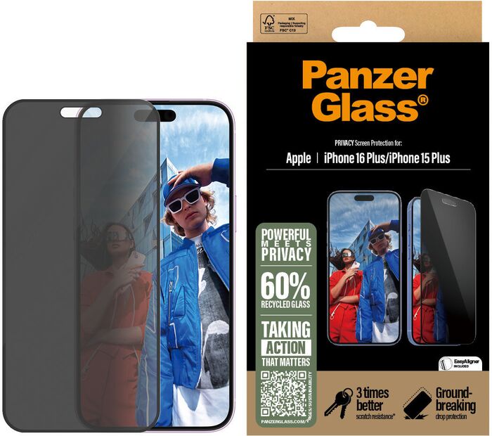 PanzerGlass iPhone 16/15 Plus öryggisgler með skjásíu og EasyAligner