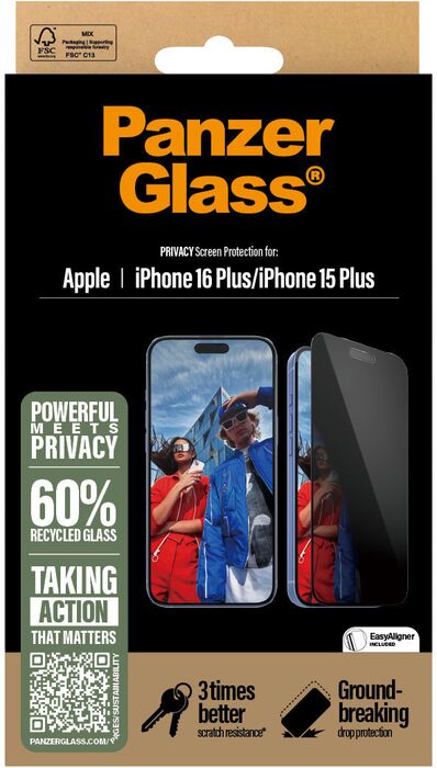 PanzerGlass iPhone 16/15 Plus öryggisgler með skjásíu og EasyAligner