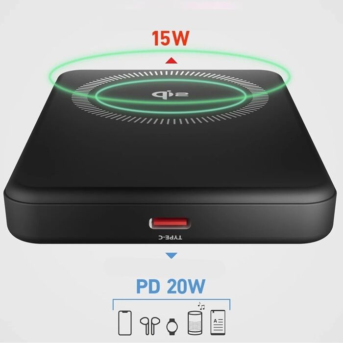 SBS Mag Power Bank Qi2 5000 mAh ferðahleðsla - Svört