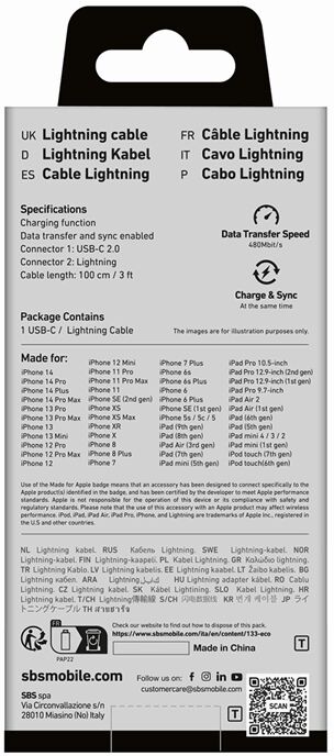 SBS USB-C í Lightning snúra - Hvít, 1 metri