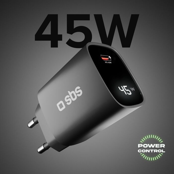 SBS 45 W USB-C GaN hleðslukló með skjá - Svört