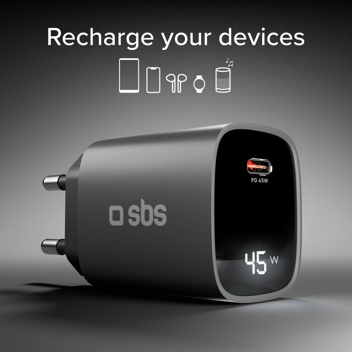 SBS 45 W USB-C GaN hleðslukló með skjá - Svört