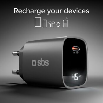 SBS 45 W USB-C GaN hleðslukló með skjá - Svört