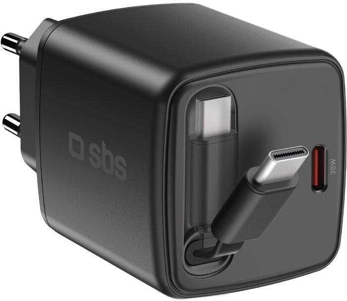 SBS 30 W USB-C GaN hleðslukló með inndraganlegri snúru - Svört