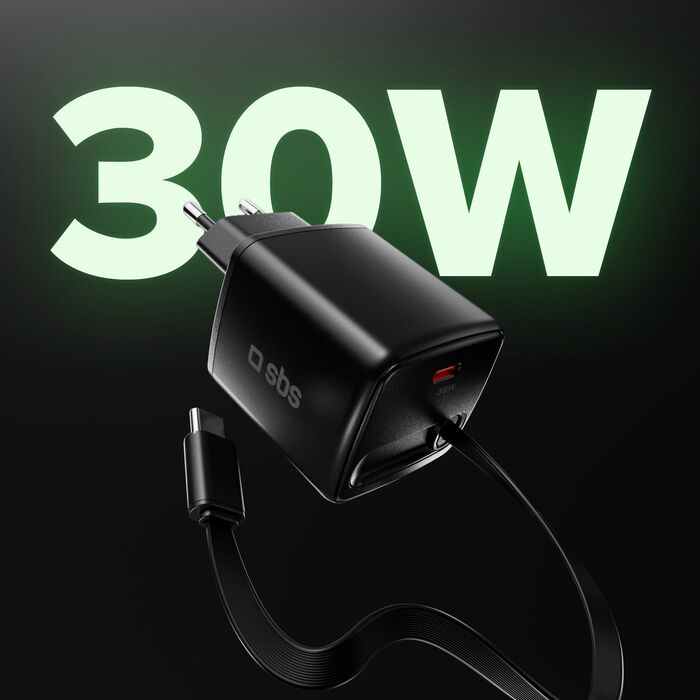 SBS 30 W USB-C GaN hleðslukló með inndraganlegri snúru - Svört