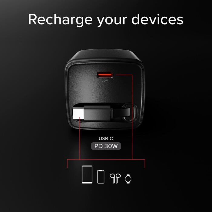 SBS 30 W USB-C GaN hleðslukló með inndraganlegri snúru - Svört