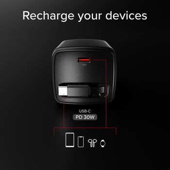 SBS 30 W USB-C GaN hleðslukló með inndraganlegri snúru - Svört