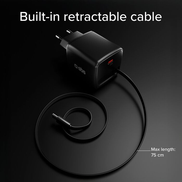 SBS 30 W USB-C GaN hleðslukló með inndraganlegri snúru - Svört