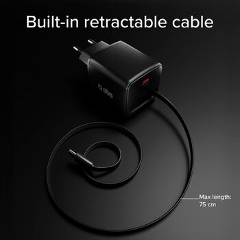 SBS 30 W USB-C GaN hleðslukló með inndraganlegri snúru - Svört