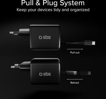 SBS 30 W USB-C GaN hleðslukló með inndraganlegri snúru - Svört