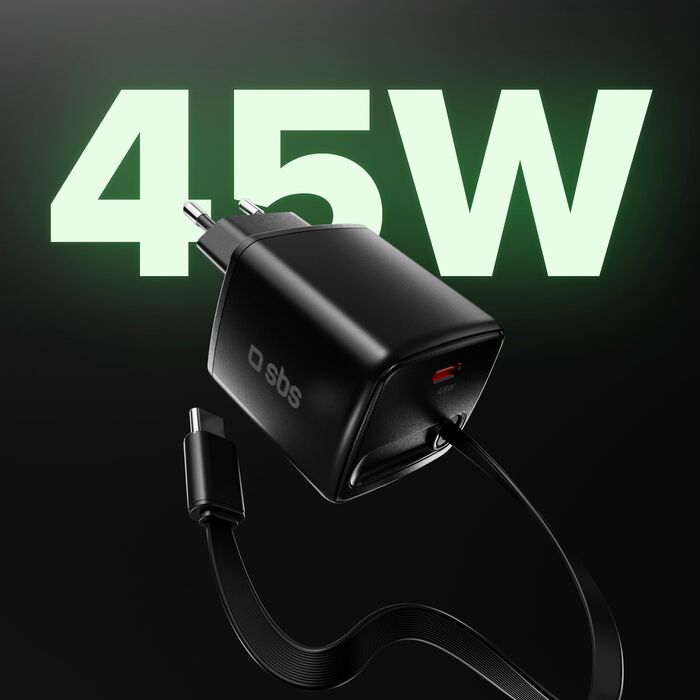 SBS 45 W USB-C GaN hleðslukló með inndraganlegri snúru - Svört