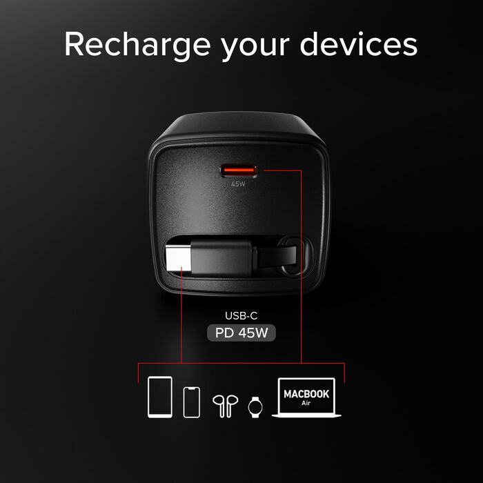 SBS 45 W USB-C GaN hleðslukló með inndraganlegri snúru - Svört