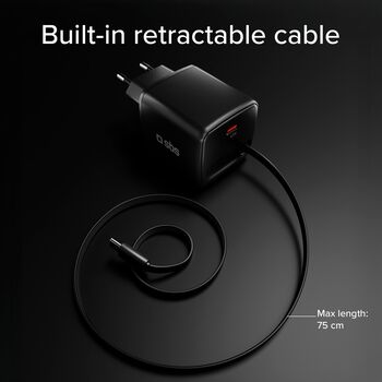 SBS 45 W USB-C GaN hleðslukló með inndraganlegri snúru - Svört