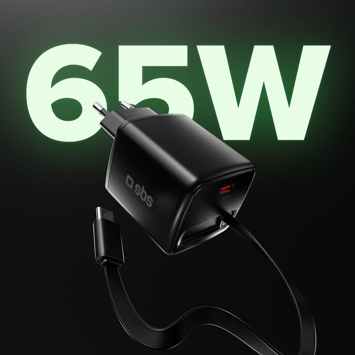SBS 65 W USB-C GaN hleðslukló með inndraganlegri snúru - Svört