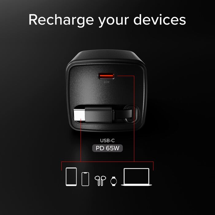 SBS 65 W USB-C GaN hleðslukló með inndraganlegri snúru - Svört