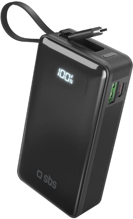 SBS 10.000 mAh ferðahleðsla með innbyggðri snúru - Svört