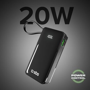 SBS 10.000 mAh ferðahleðsla með innbyggðri snúru - Svört