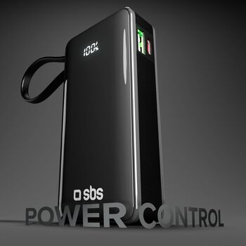 SBS 10.000 mAh ferðahleðsla með innbyggðri snúru - Svört