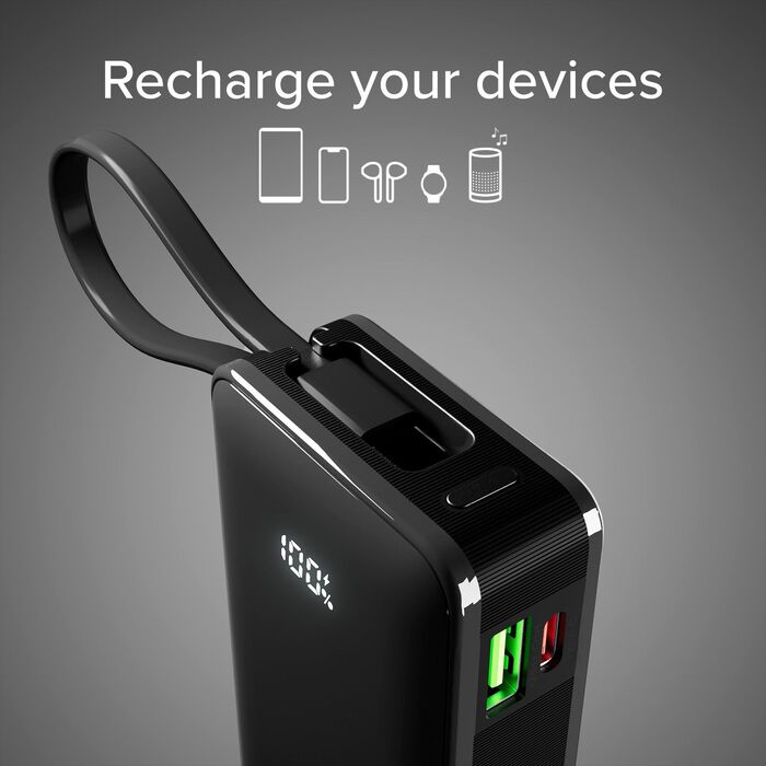 SBS 10.000 mAh ferðahleðsla með innbyggðri snúru - Svört