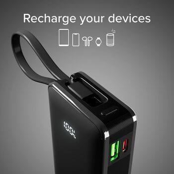 SBS 10.000 mAh ferðahleðsla með innbyggðri snúru - Svört