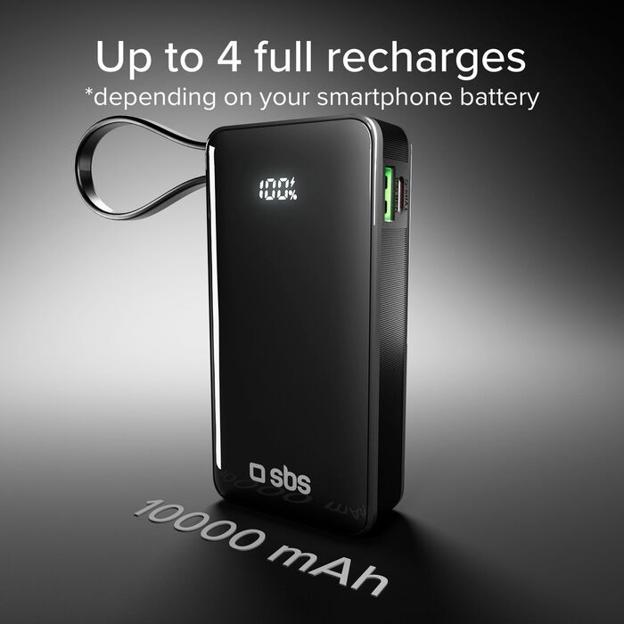 SBS 10.000 mAh ferðahleðsla með innbyggðri snúru - Svört