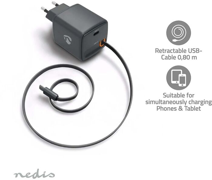Nedis 30 W hleðslukló með útdraganlegri USB-C snúru - Svört