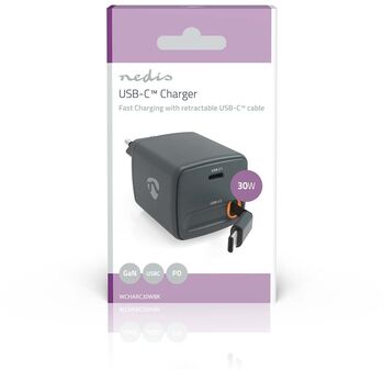 Nedis 30 W hleðslukló með útdraganlegri USB-C snúru - Svört