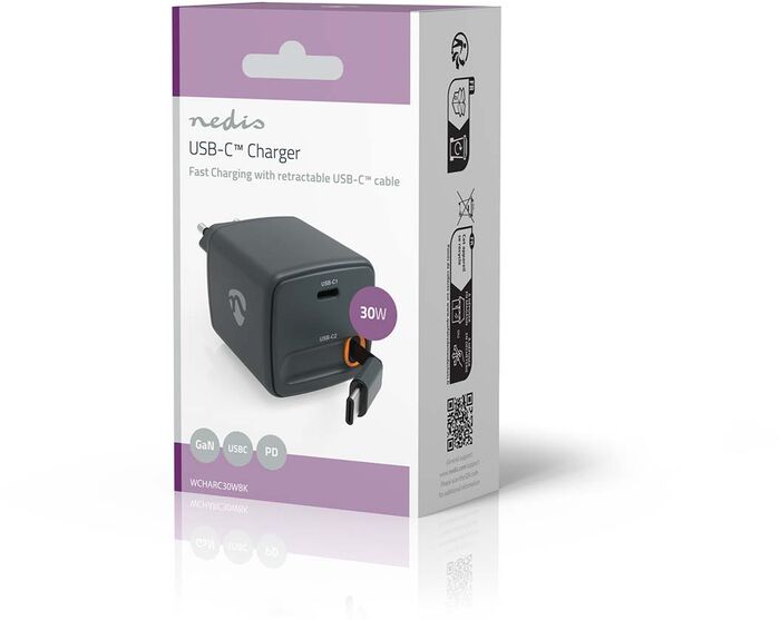 Nedis 30 W hleðslukló með útdraganlegri USB-C snúru - Svört