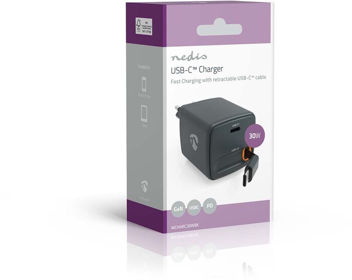Nedis 30 W hleðslukló með útdraganlegri USB-C snúru - Svört