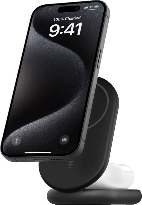 Belkin BoostCharge 2-í-1 15W Qi2 þráðlaus hleðslustandur - Svartur
