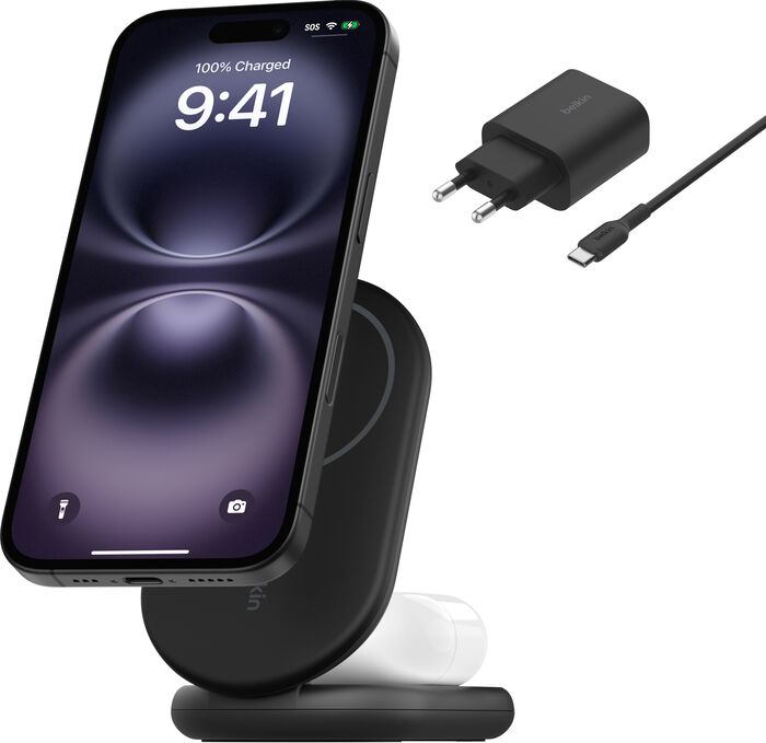 Belkin BoostCharge 2-í-1 15W Qi2 þráðlaus hleðslustandur - Svartur