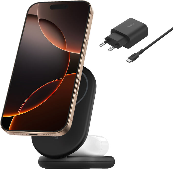 Belkin BoostCharge 2-í-1 15W Qi2 þráðlaus hleðslustandur - Svartur