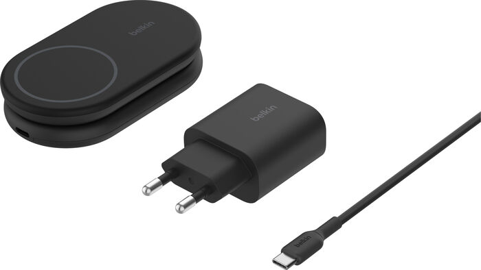 Belkin BoostCharge 2-í-1 15W Qi2 þráðlaus hleðslustandur - Svartur