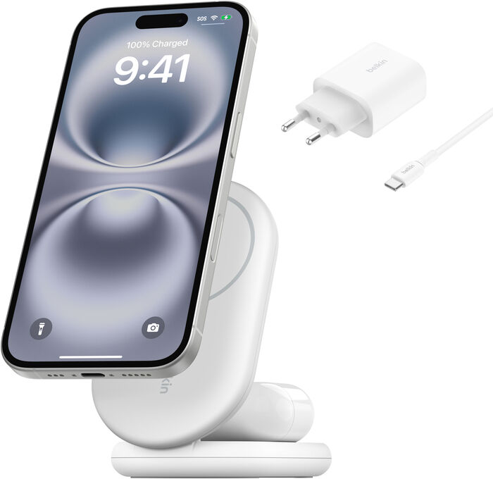 Belkin BoostCharge 2-í-1 15W Qi2 þráðlaus hleðslustandur - Hvítur