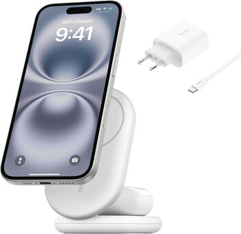 Belkin BoostCharge 2-í-1 15W Qi2 þráðlaus hleðslustandur - Hvítur